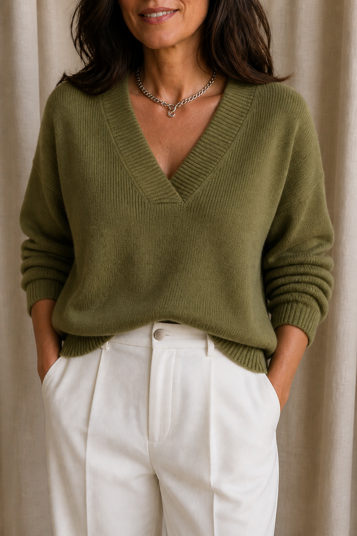 Softline | Ribbed V-Neck Knit Sweater – Relaxed Fit for Women