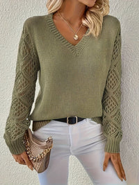 Emily | Eleganter Damen V-Ausschnitt Strickpullover Mit Lochmuster-Ärmeln