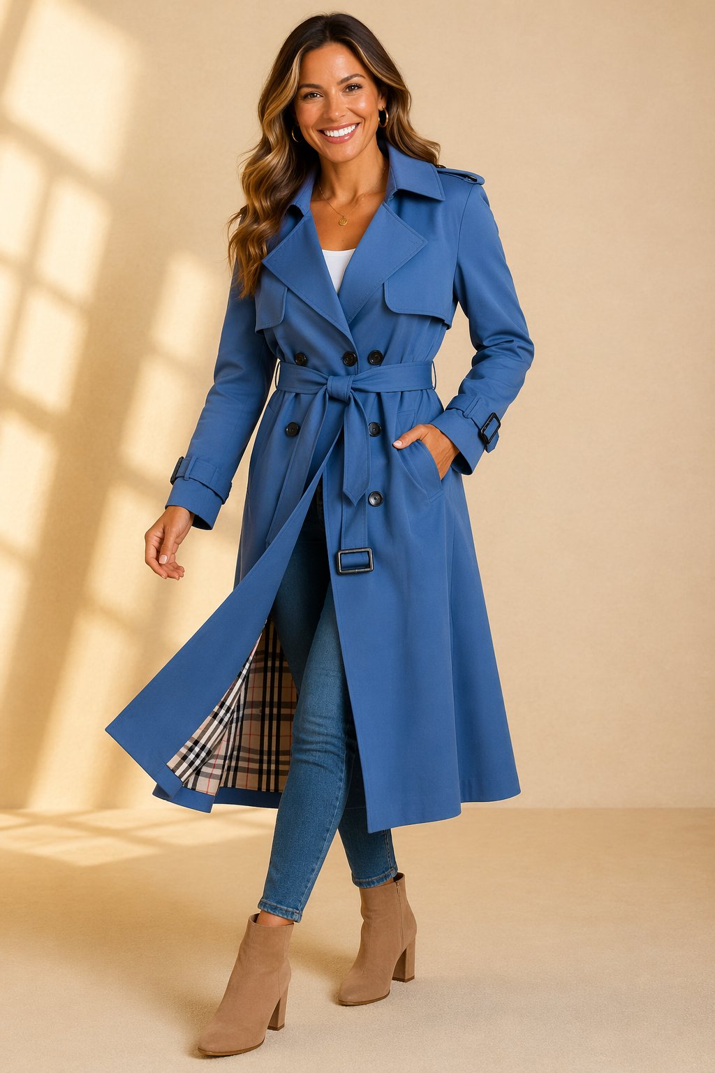 Morgan | Langer Zweireihiger Trenchcoat Mit Taillengürtel