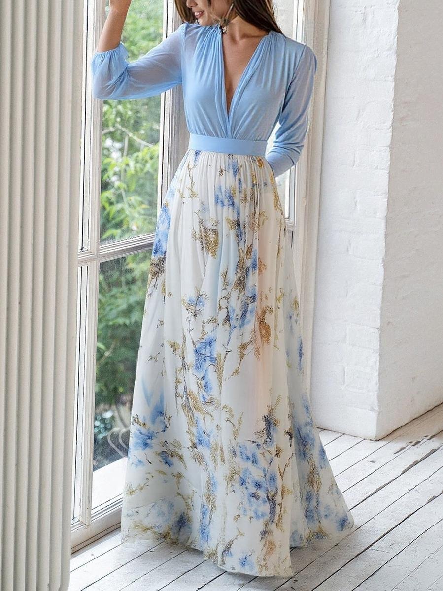 Chloe | Elegant Kleid mit langen Ärmeln und floralem Chiffon-Maxirock