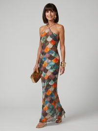 Elisa | Farbenfrohes Neckholder-Maxikleid Mit Markantem Schuppenmuster