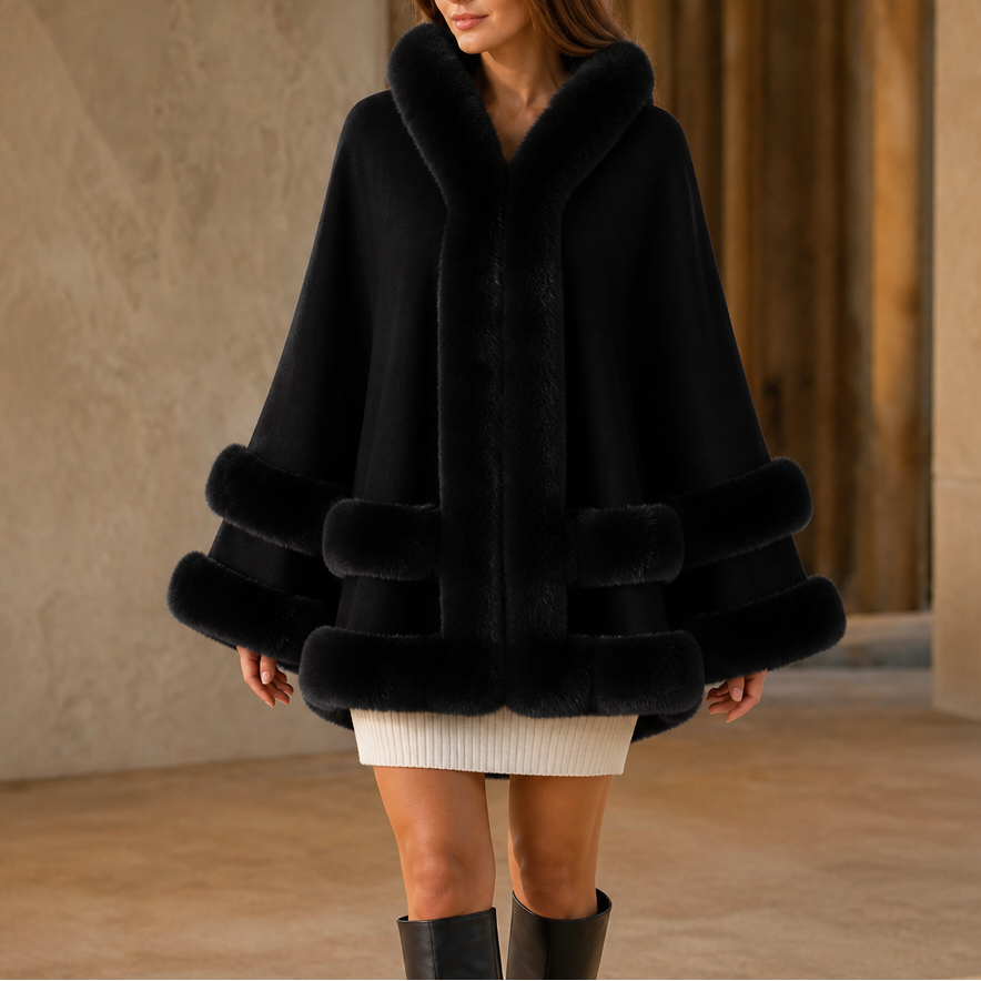 Wearbella | Hooded Knit Cape Coat mit Faux-Fur-Besatz