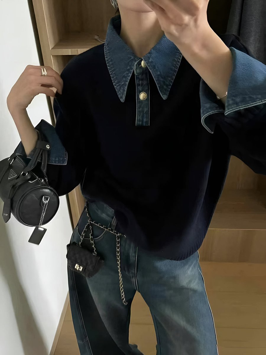 Victoria | Eleganter Damen Strickpullover Mit Denim-Kragen