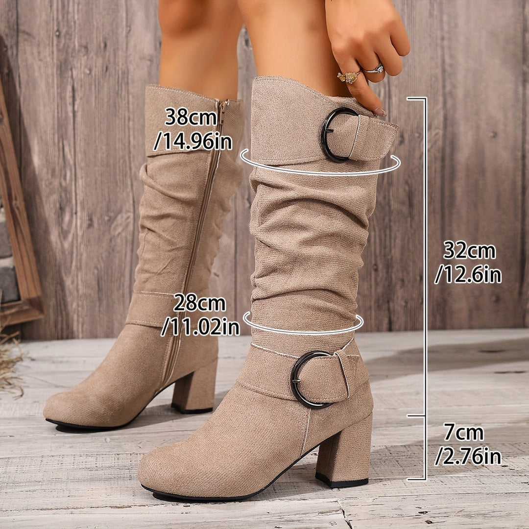 Camille | Moderne kniehohe Stiefel mit Blockabsatz und Schnallendetails