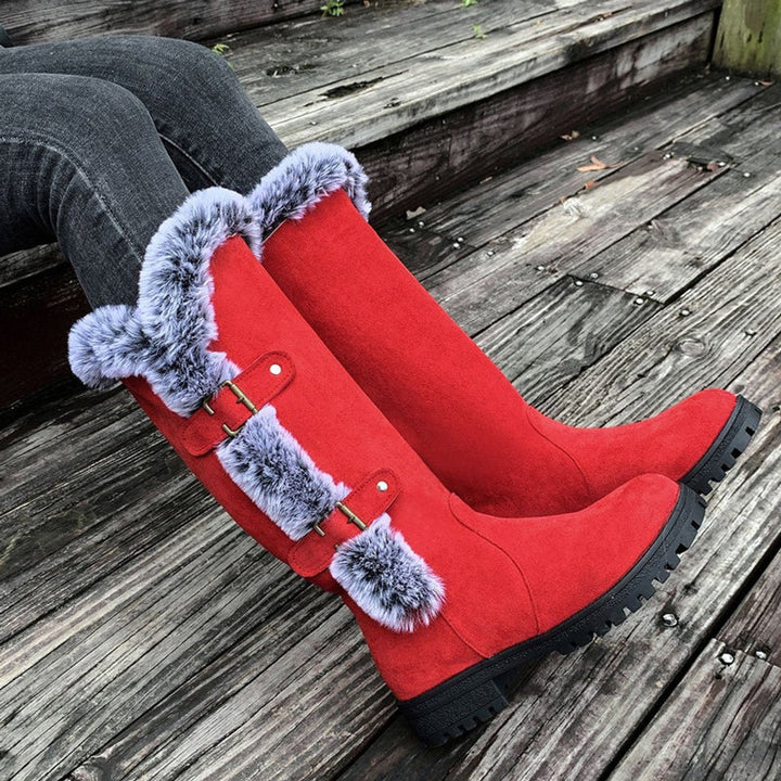 Georgina | Kuschelige kniehohe Kunstwildlederstiefel mit Fellbesatz und Schnallen