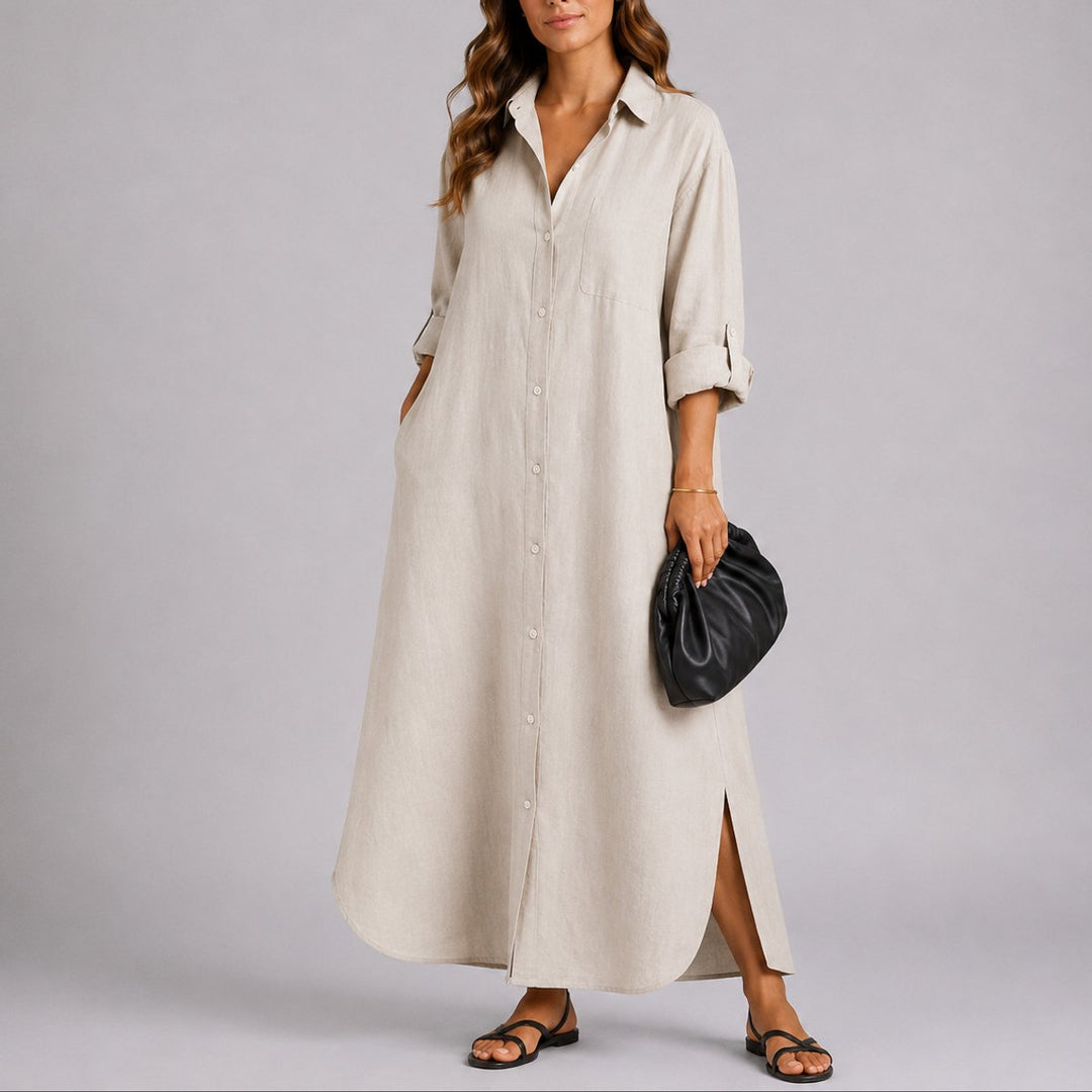 Klara | Müheloses Herbst-Hochzeits Maxikleid aus Leinen mit Knopfleiste
