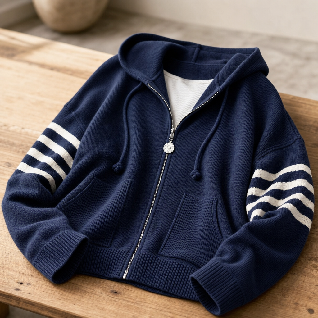 Wearbella | Zip Hoodie – Striped-Sleeve Drop-Shoulder Style