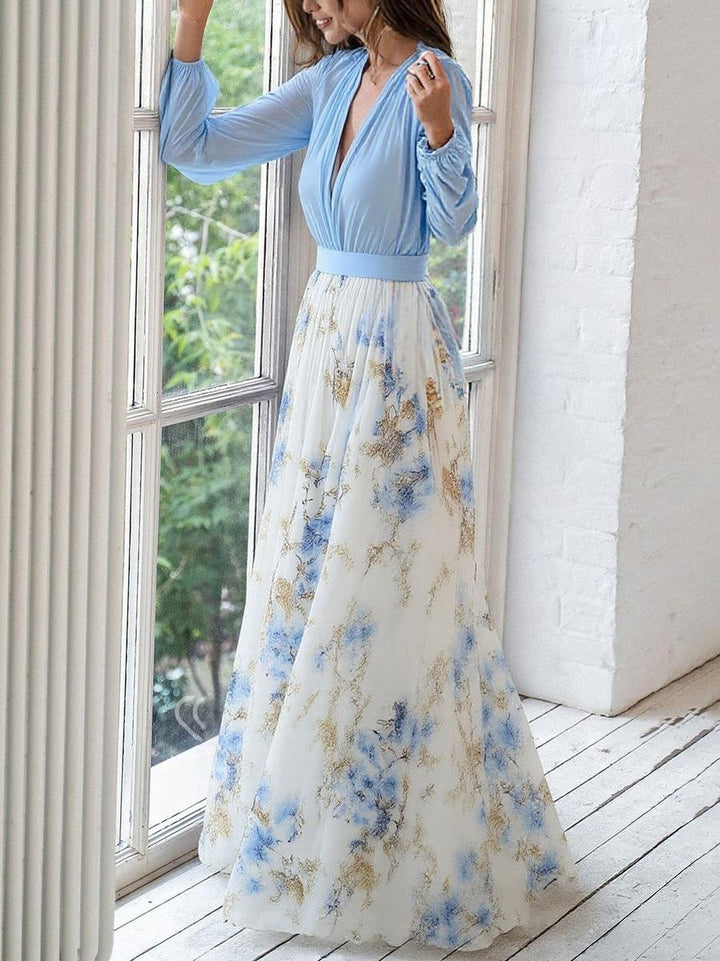 Chloe | Elegant Kleid mit langen Ärmeln und floralem Chiffon-Maxirock