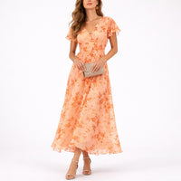 Scarlett | Florales Herbst-Hochzeits Maxikleid aus Chiffon mit Volantärmeln
