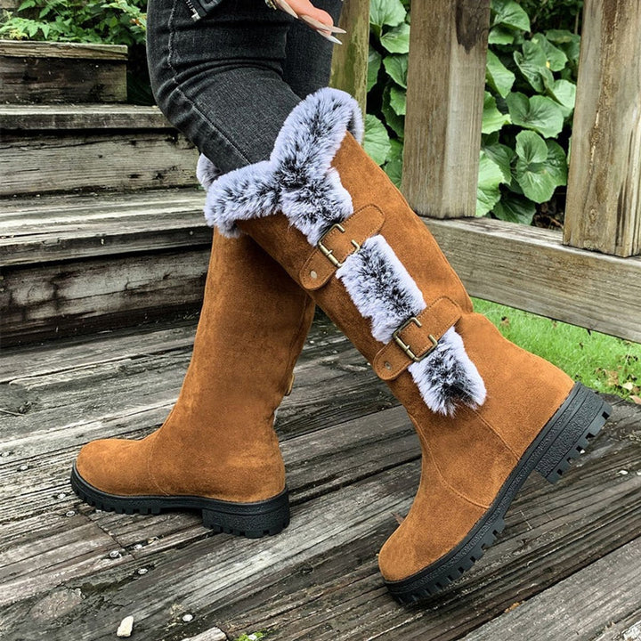 Georgina | Kuschelige kniehohe Kunstwildlederstiefel mit Fellbesatz und Schnallen