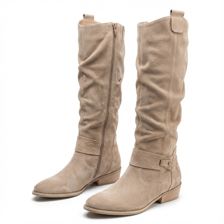 Zara | Elegante kniehohe Slouch-Stiefel mit niedrigem Blockabsatz