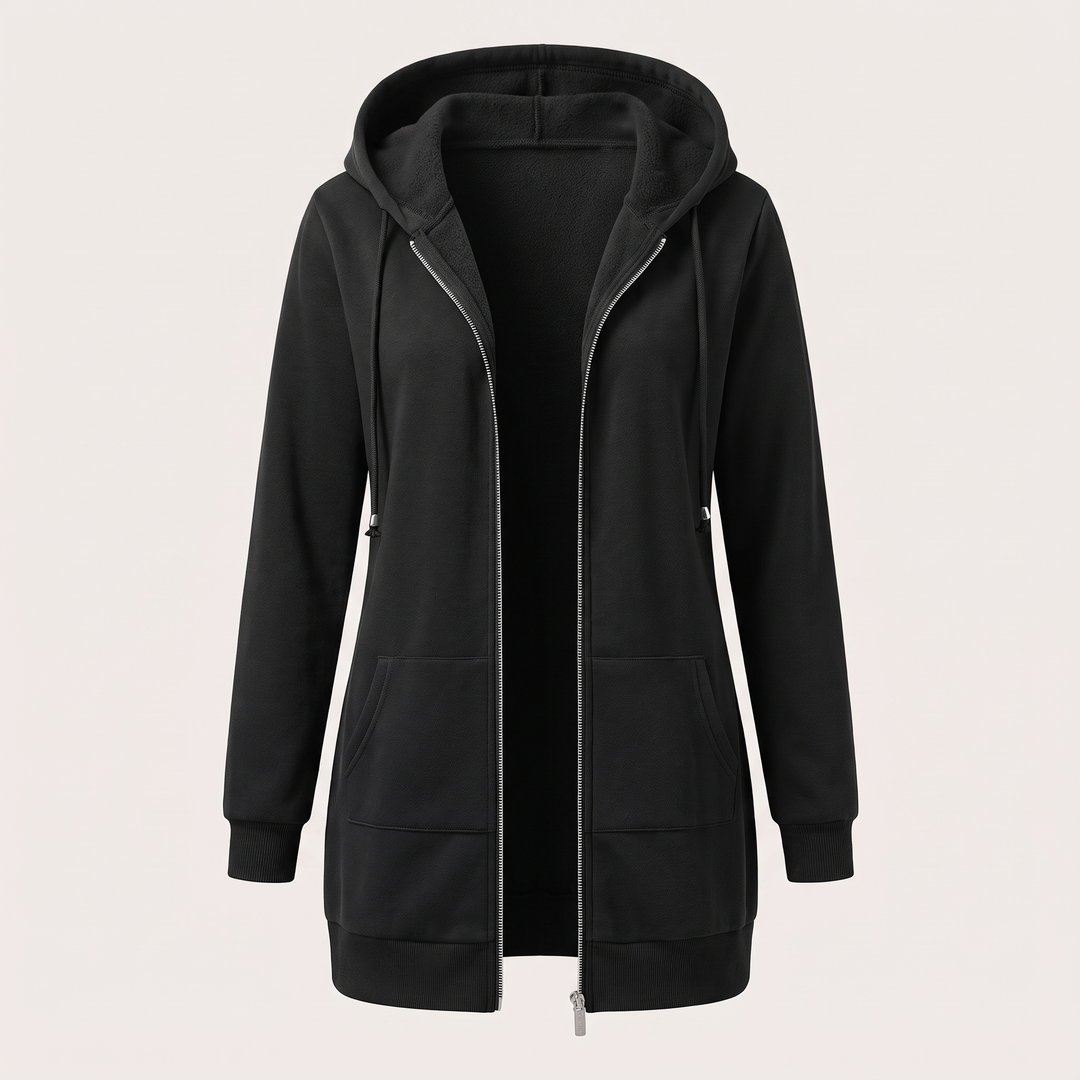 Clara | Comfortable long hooded coat with a zipper
