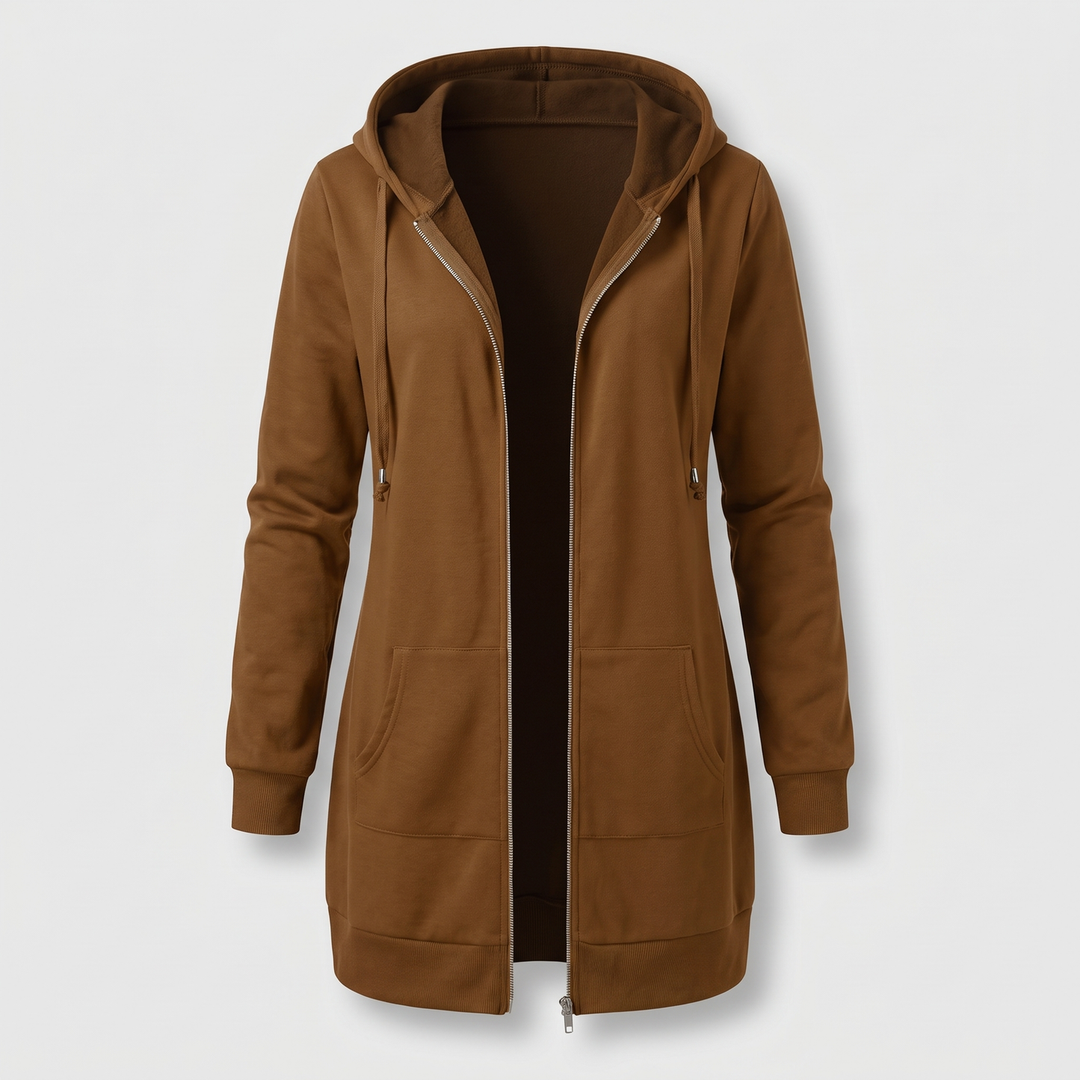 Clara | Comfortable long hooded coat with a zipper