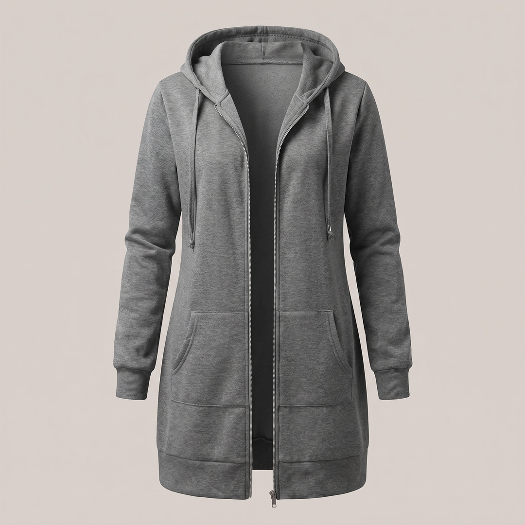 Clara | Comfortable long hooded coat with a zipper