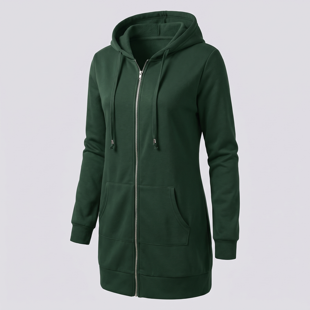 Clara | Comfortable long hooded coat with a zipper