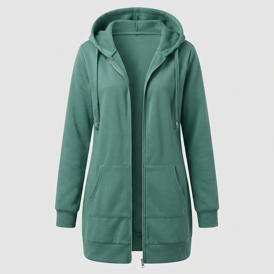 Clara | Comfortable long hooded coat with a zipper