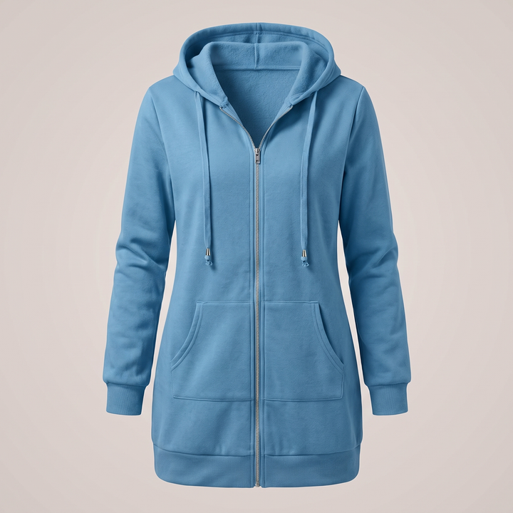 Clara | Comfortable long hooded coat with a zipper