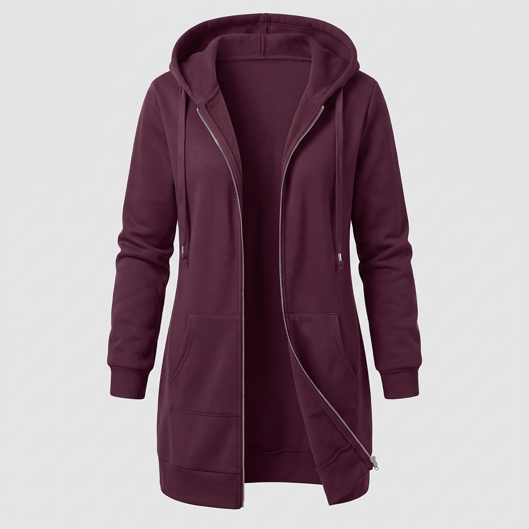 Clara | Comfortable long hooded coat with a zipper