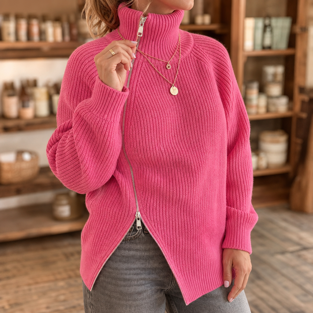 Wearbella | Asymmetrischer Reißverschluss Rippenstrickpullover
