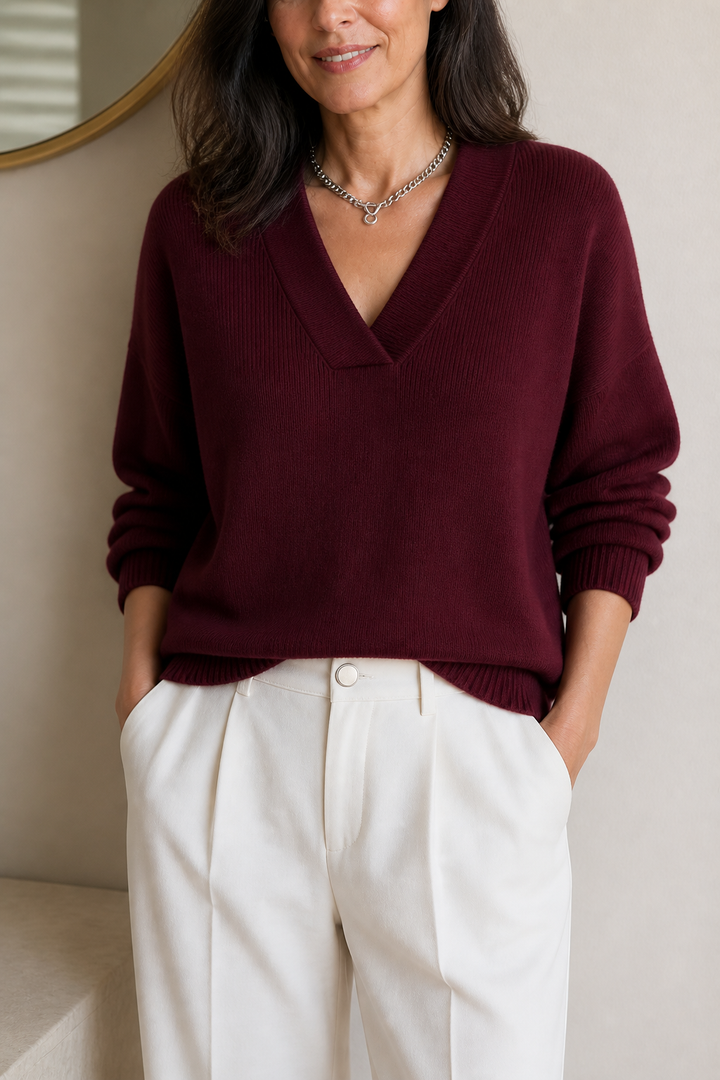Softline | Ribbed V-Neck Knit Sweater – Relaxed Fit for Women