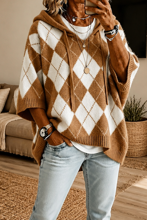Wrapbella | Hooded Argyle Poncho Sweater – Bequemer Stil für jeden Tag