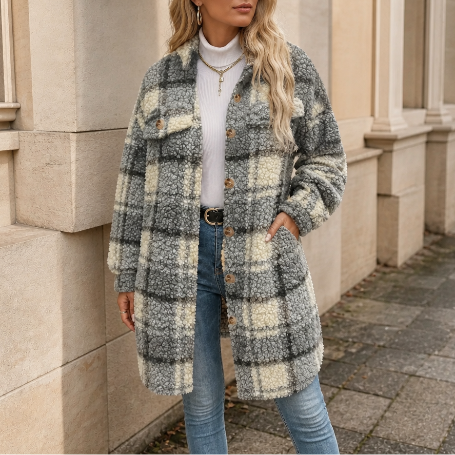 Fairloch | Mid-Length Coat mit Karo-Muster und Sherpa-Futter