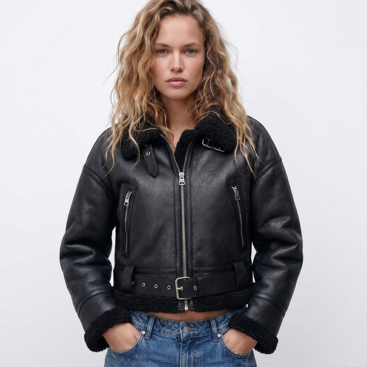 Elfriede | Doppelseitige Lammfell Bomber Jacke für Damen
