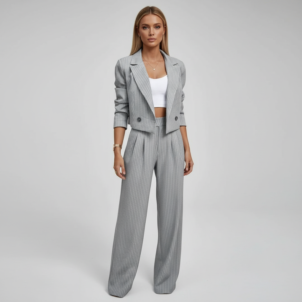Evelyn | Elegantes Gestreiftes Blazer und Wide-Leg-Hosen-Set