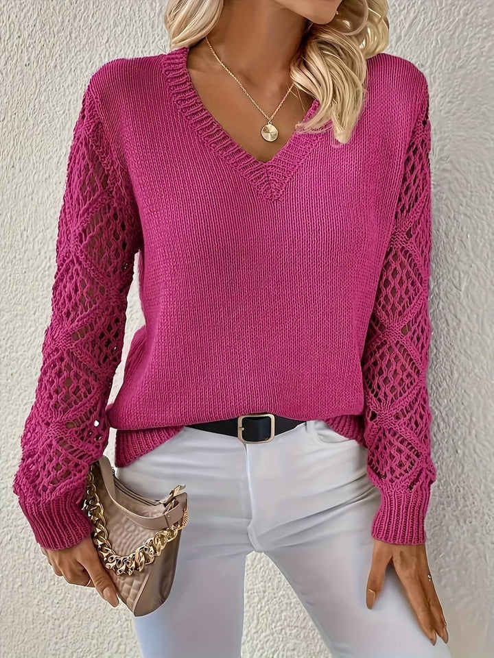 Emily | Eleganter Damen V-Ausschnitt Strickpullover Mit Lochmuster-Ärmeln