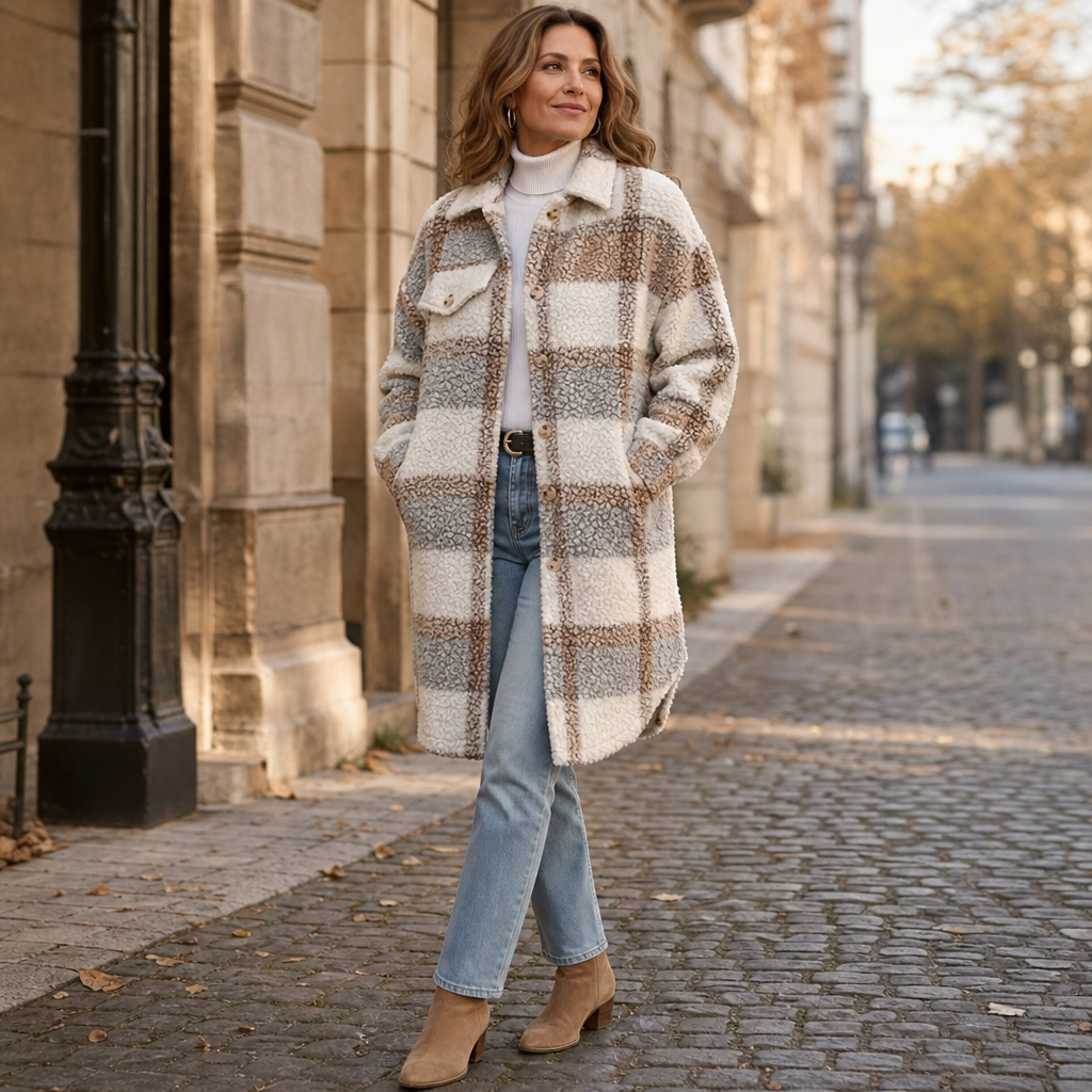 Fairloch | Mid-Length Coat mit Karo-Muster und Sherpa-Futter