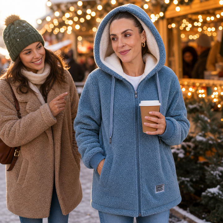Veloura | Hooded Mid-Length Faux-Shearling Jacket für Frauen