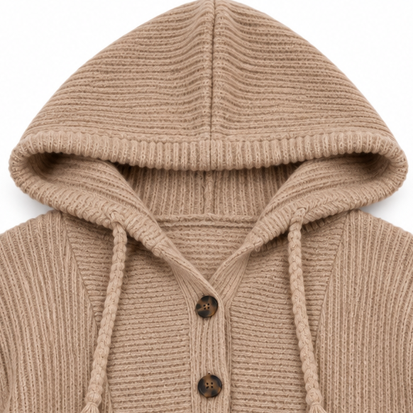 Wovella | Ribbed Knit Button-Neck Hoodie Sweater