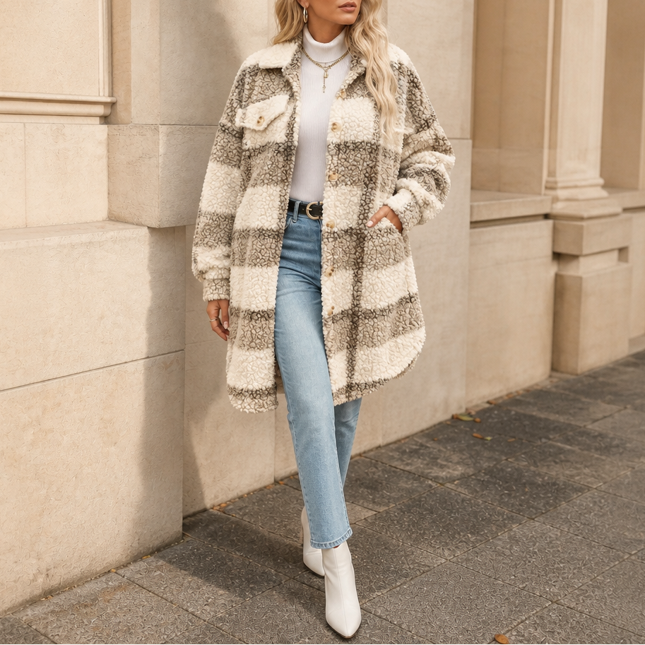 Fairloch | Mid-Length Coat mit Karo-Muster und Sherpa-Futter