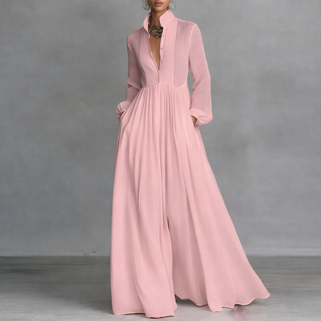 Marie | Elegantes Maxi-Hemdkleid mit Stehkragen und langen Ärmeln