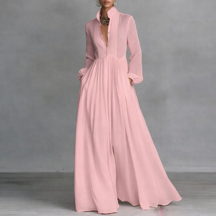 Marie | Elegantes Maxi-Hemdkleid mit Stehkragen und langen Ärmeln
