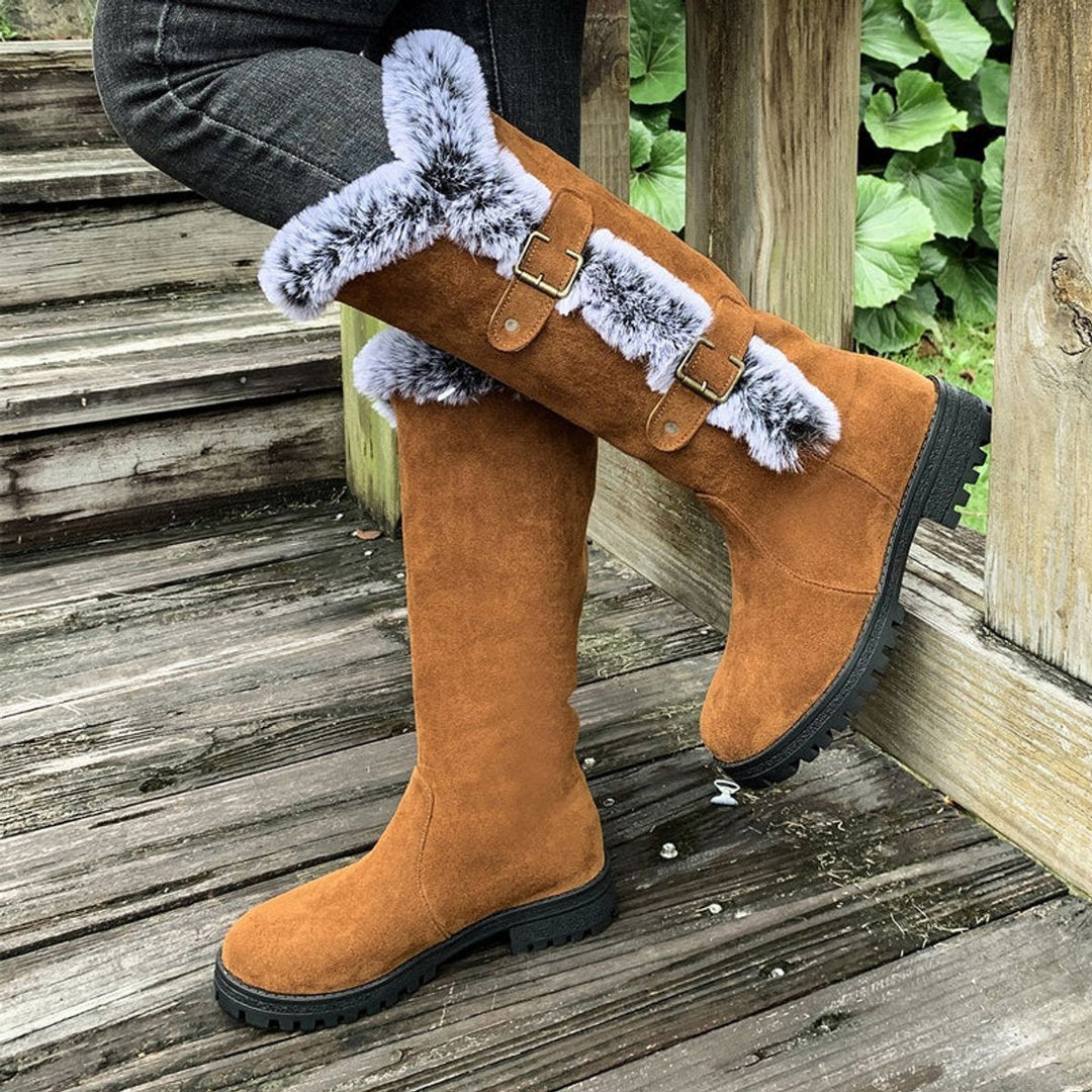 Georgina | Kuschelige kniehohe Kunstwildlederstiefel mit Fellbesatz und Schnallen