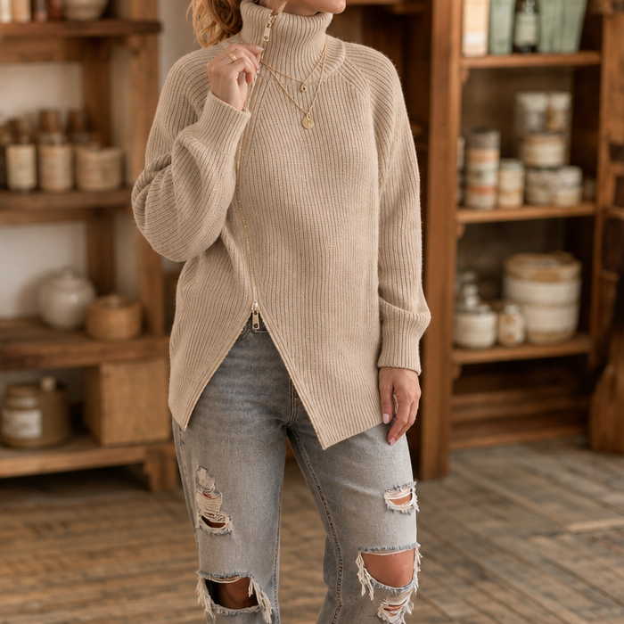 Wearbella | Asymmetrischer Reißverschluss Rippenstrickpullover
