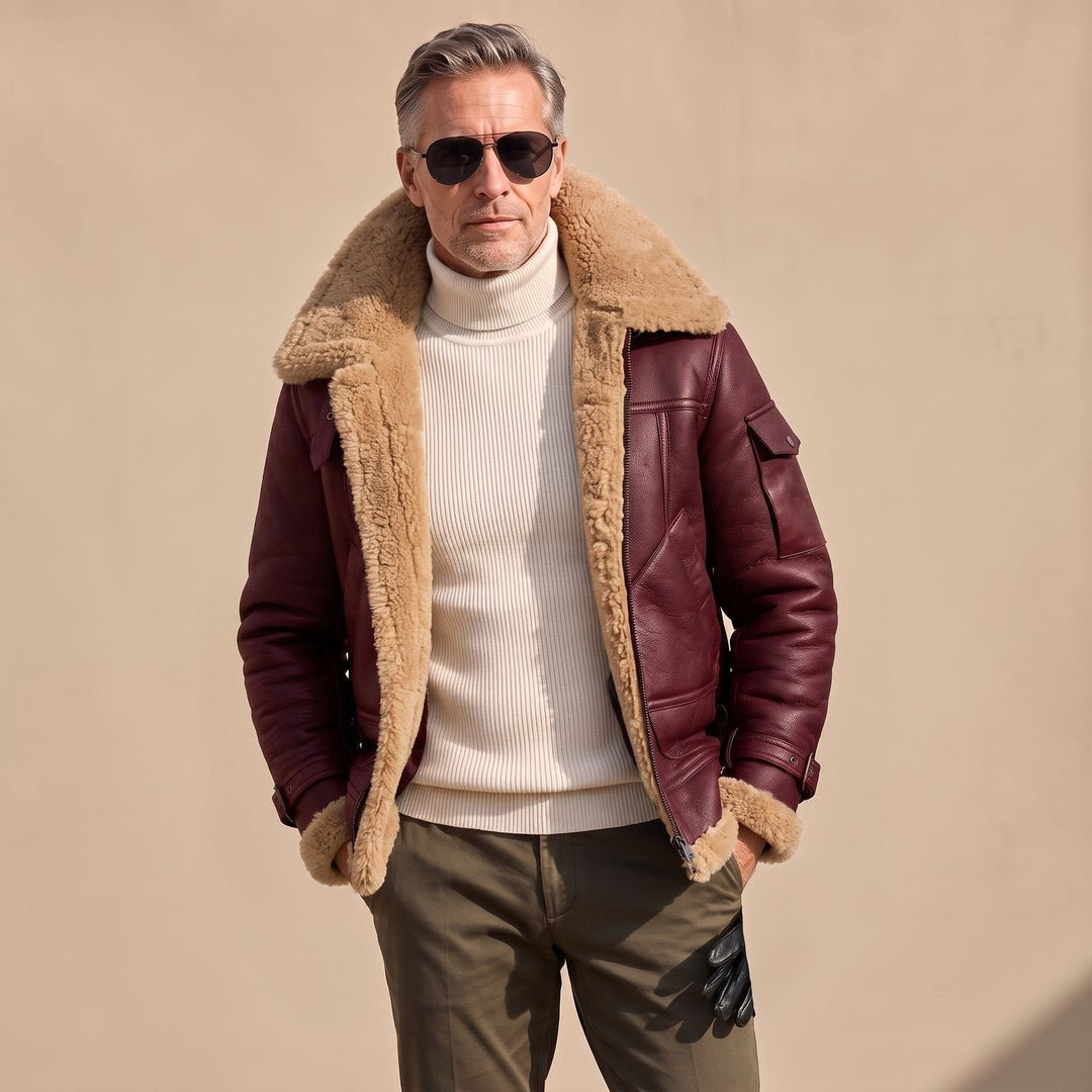 Felix | Herren Leder Fliegerjacke mit Teddyfell-Futter