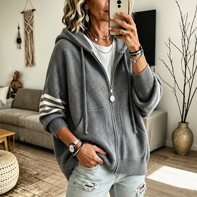 Wearbella | Zip Hoodie – Striped-Sleeve Drop-Shoulder Style