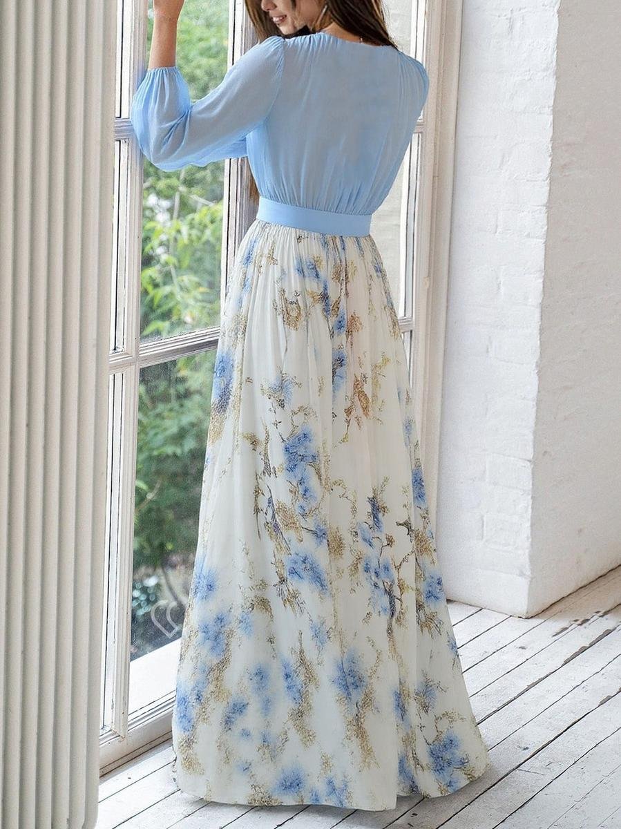 Chloe | Elegant Kleid mit langen Ärmeln und floralem Chiffon-Maxirock