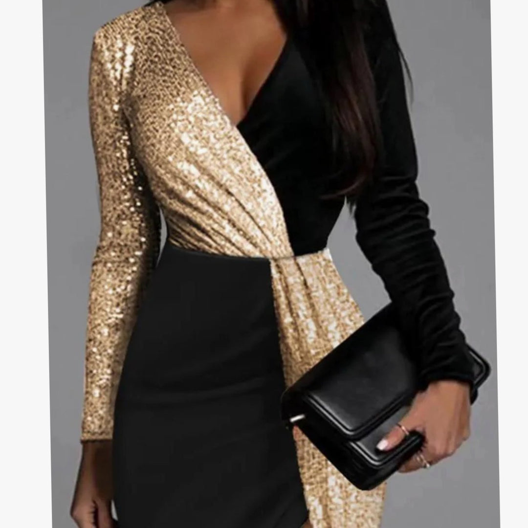 Sophia | Weihnachtskleid – Goldene Pailletten mit Schlitz für Frauen