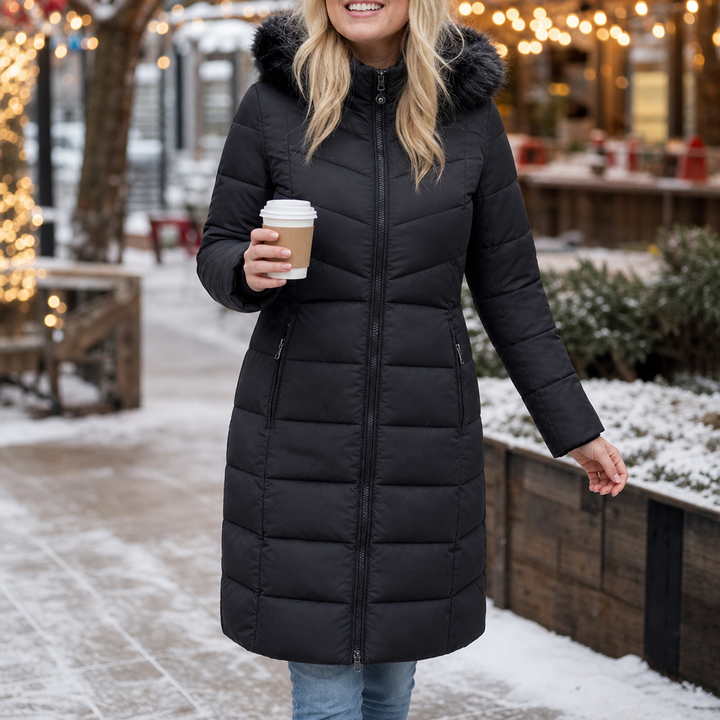 Chevronwarm | Longline Puffer Coat mit Pelzkapuze