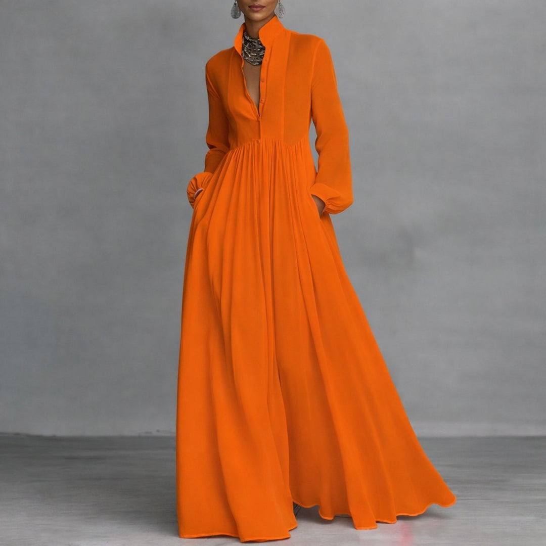 Marie | Elegantes Maxi-Hemdkleid mit Stehkragen und langen Ärmeln