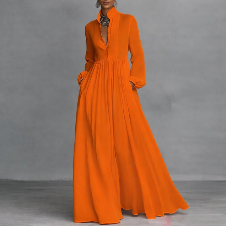 Marie | Elegantes Maxi-Hemdkleid mit Stehkragen und langen Ärmeln