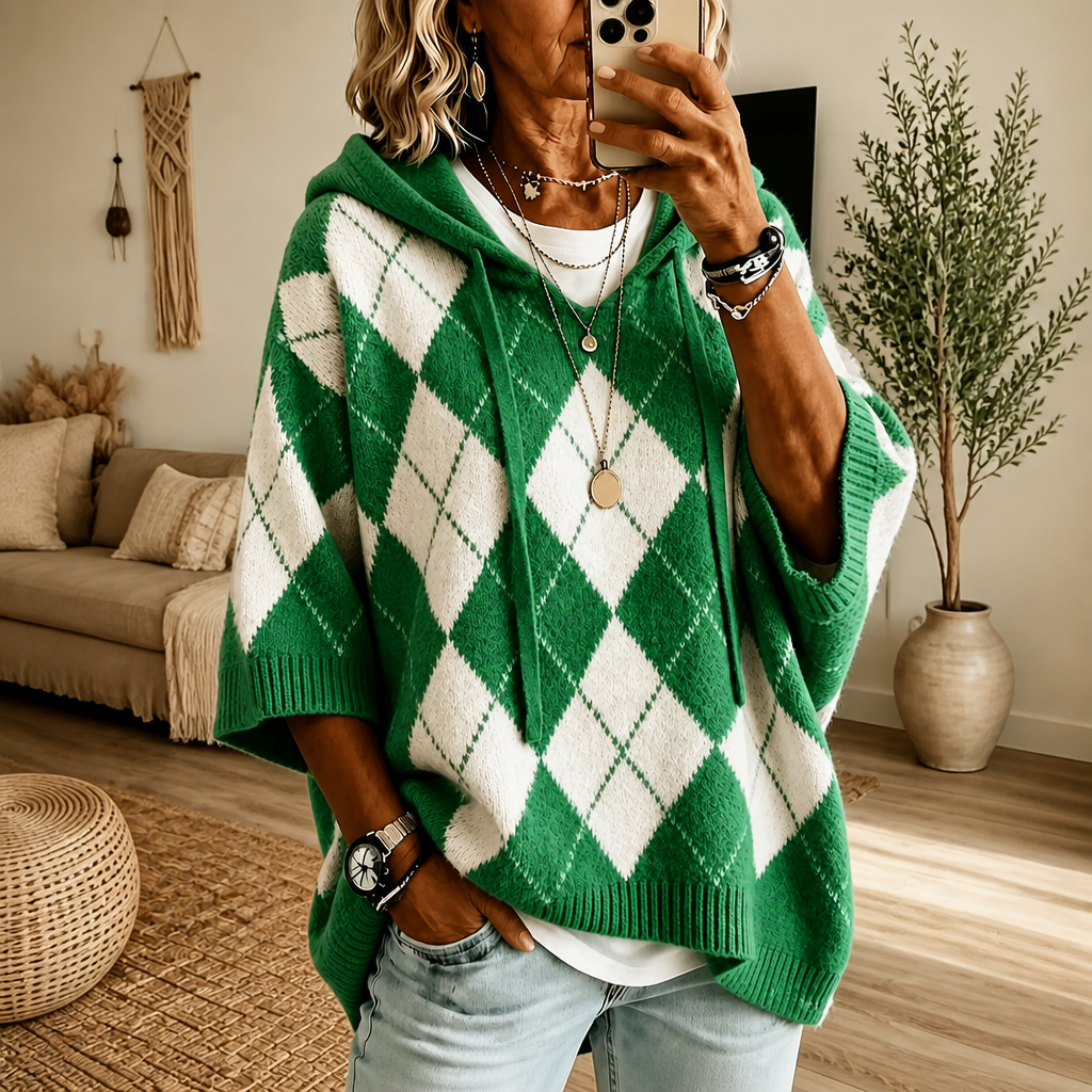 Wrapbella | Hooded Argyle Poncho Sweater – Bequemer Stil für jeden Tag