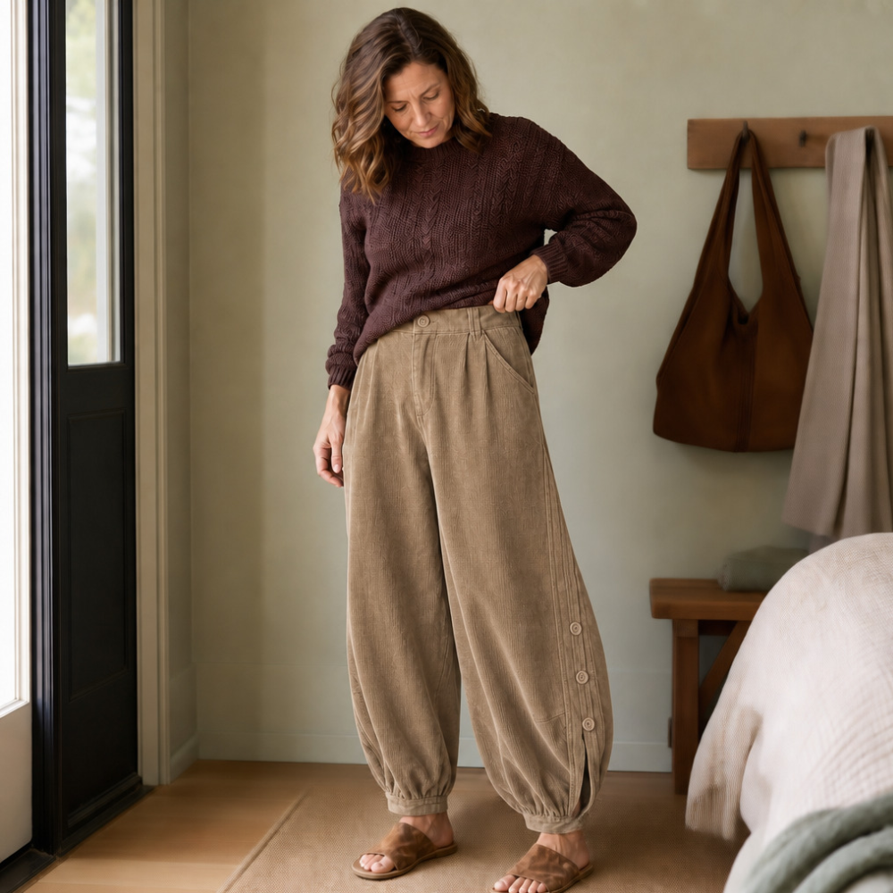 Cozelle | Corduroy Pants – Bequeme Barrel-Leg mit seitlichen Knöpfen für Damen