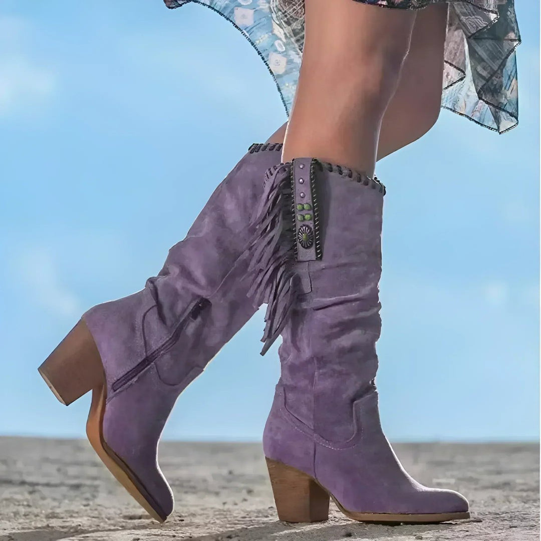 Marina | Boho kniehohe Wildlederstiefel mit Fransen und Türkisdetails