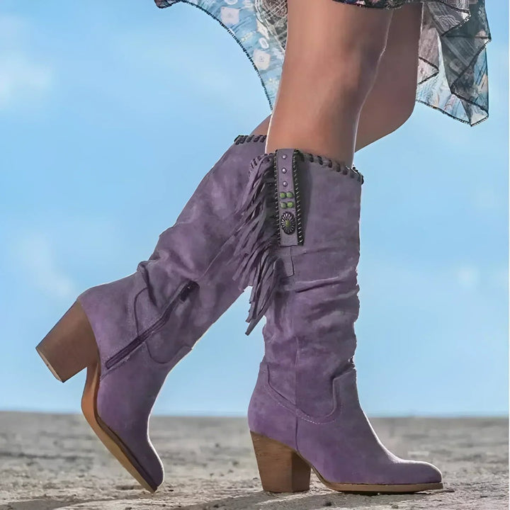 Marina | Boho kniehohe Wildlederstiefel mit Fransen und Türkisdetails