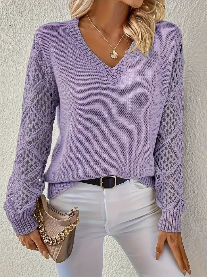 Emily | Eleganter Damen V-Ausschnitt Strickpullover Mit Lochmuster-Ärmeln