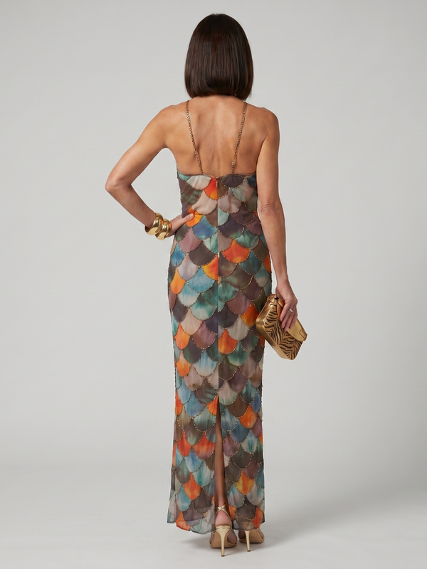 Elisa | Farbenfrohes Neckholder-Maxikleid Mit Markantem Schuppenmuster